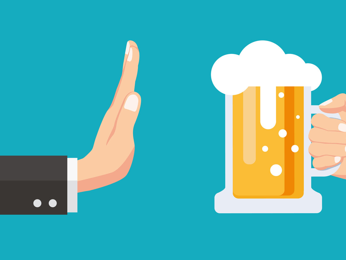 No alcohol. Man offers to drink holding a Glass of beer in hand. Stop alcohol. vector illustration in flat style
